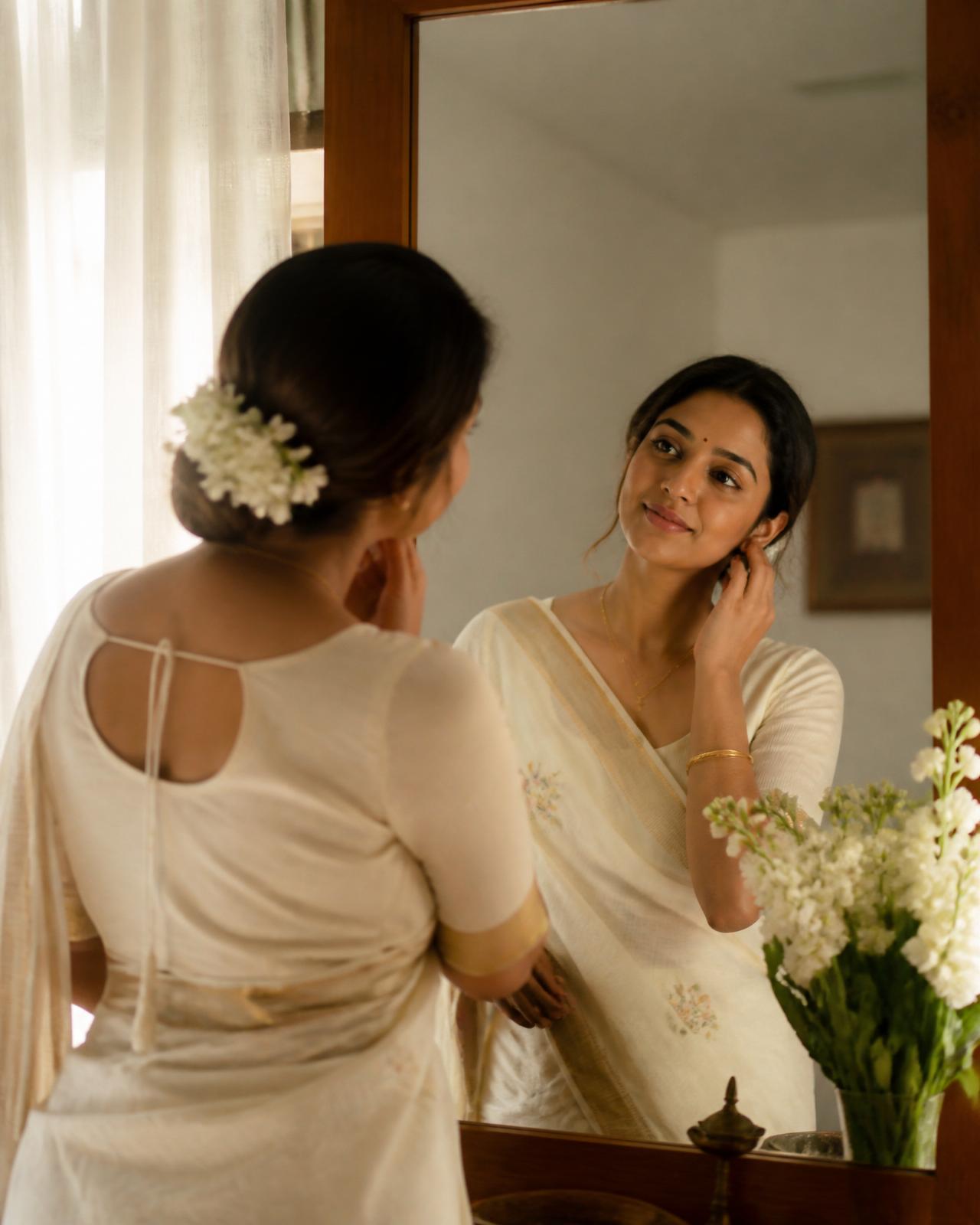 A woman in cream attire looking lovingly into a mirror