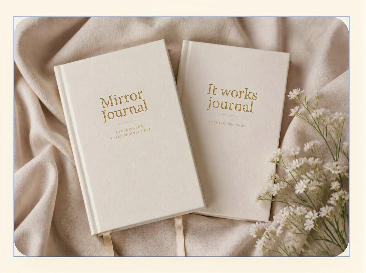 Two cream luxury journals with gold foil titles