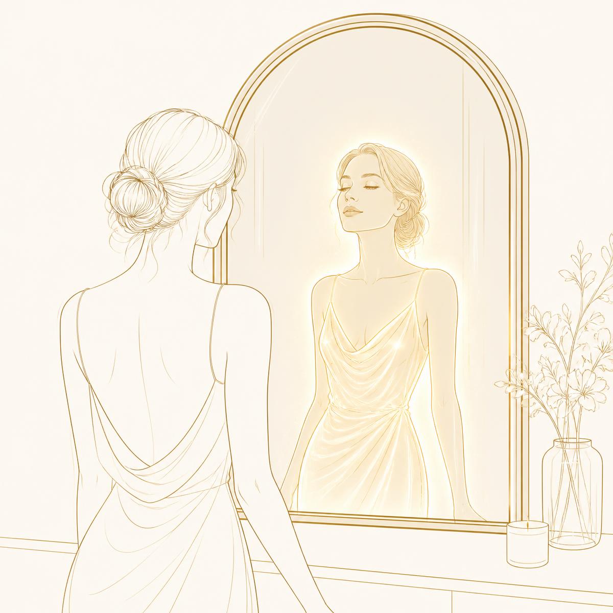 Woman before a mirror, her reflection glowing softly