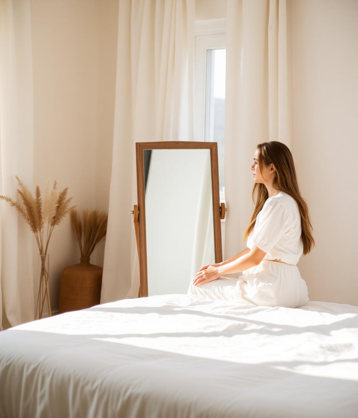 A woman sitting peacefully before a mirror